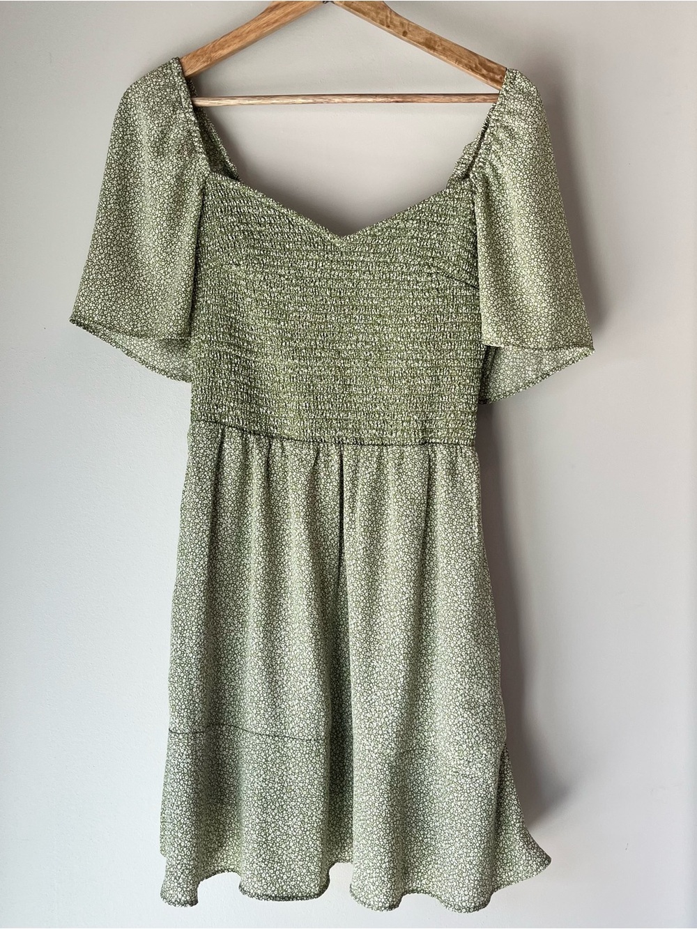 Abercrombie & Fitch Sage Green Smocked Flutter Sleeve Mini Dress Size M